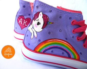 Unicorn Rainbow Painted Sneakers, personalized canvas shoes, custom converse, girls unicorn boots, lilac high tops, children adult trainers