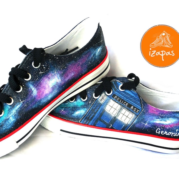 Galaxy Painted Personalized Sneakers, police box, doctor who, tardis trainers, canvas shoes, custom converse, stars planet shoes