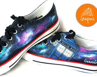 Galaxy Painted Personalized Sneakers, police box, doctor who, tardis trainers, canvas shoes, custom converse, stars planet shoes