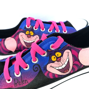 Cheshire Cat Painted Sneakers, alice cat canvas shoes, custom converse, cat boots, high top trainers image 1