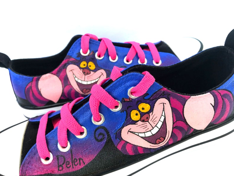 Cheshire Cat Painted Sneakers, alice cat canvas shoes, custom converse, cat boots, high top trainers image 1