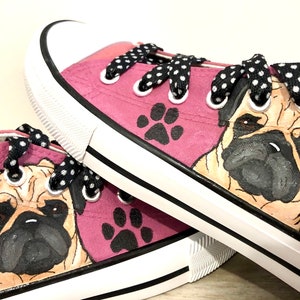 Pug Painted Sneakers, personalized dog canvas shoes, custom converse, dog shoes, low top trainers, pet portrait image 1