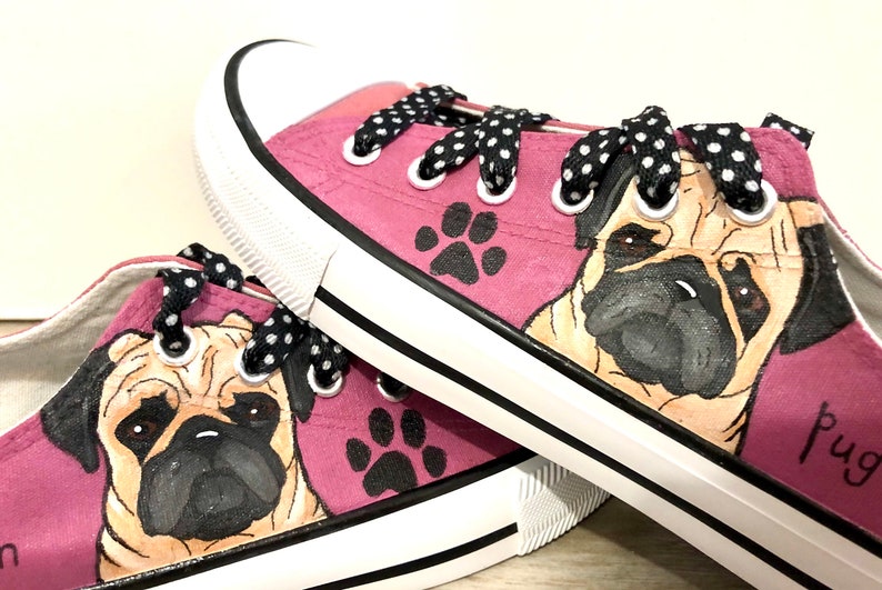 Pug Painted Sneakers, personalized dog canvas shoes, custom converse, dog shoes, low top trainers, pet portrait image 1