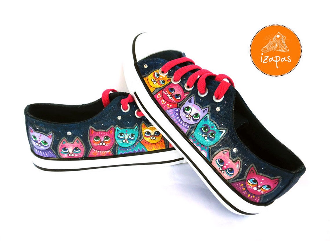 Colour Cat Painted Sneakers Cat Canvas Shoes Custom Etsy