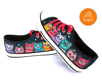 Colour Cat Painted Sneakers, cat canvas shoes, custom converse, cat shoes, low top trainers, pet portrait