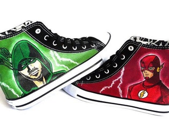 Flash and arrow Painted Personalized Sneakers, superhero canvas shoes, custom converse, superhero boots, high top, children & adult trainers