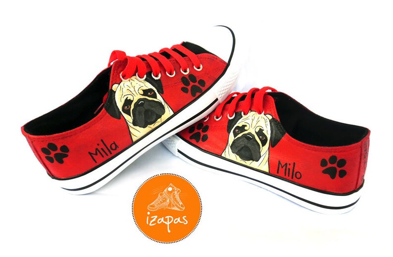 Pug Painted Sneakers, personalized dog canvas shoes, custom converse, dog shoes, low top trainers, pet portrait image 2