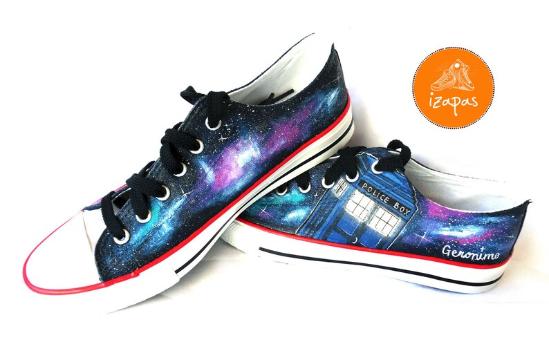 Galaxy Painted Personalized Sneakers, police box, doctor who, tardis trainers, canvas shoes, custom converse, stars planet shoes image 1