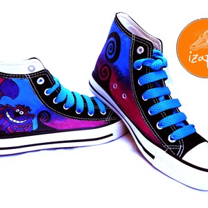 Cheshire Cat Painted Sneakers, alice cat canvas shoes, custom converse, cat boots, high top trainers image 3