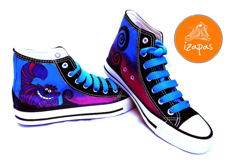 Cheshire Cat Painted Sneakers, alice cat canvas shoes, custom converse, cat boots, high top trainers image 3