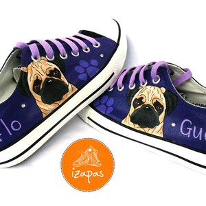 Pug Painted Sneakers, personalized dog canvas shoes, custom converse, dog shoes, low top trainers, pet portrait image 3