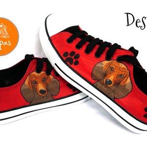 Dachshund Painted Sneakers, personalized dog canvas shoes, smooth haired, doxie, custom converse, dog shoes, low top trainers, pet portrait image 2