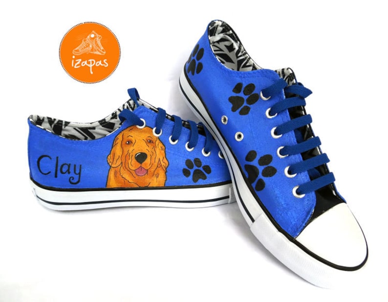 Gifts For Golden Retriever Owners - Golden Retriever painted sneakers in blue canvas.