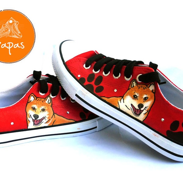 Baskets peintes Shiba Inu, chaussures en toile pour chien personnalisées, Shiba Inu, converse personnalisée, chaussures pour chien, baskets basses, portrait d'animal de compagnie