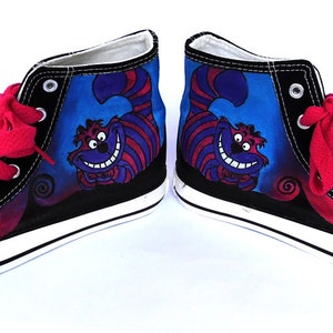 Cheshire Cat Painted Sneakers, alice cat canvas shoes, custom converse, cat boots, high top trainers image 4