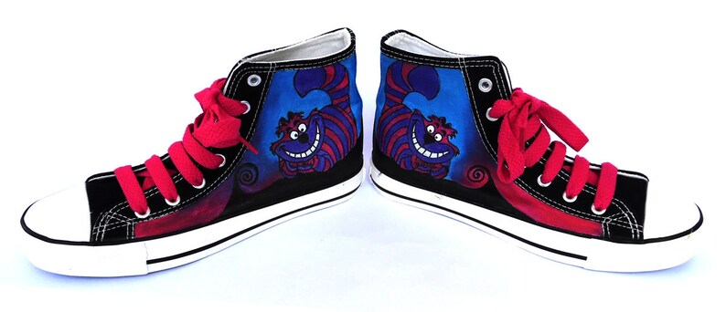 Cheshire Cat Painted Sneakers, alice cat canvas shoes, custom converse, cat boots, high top trainers image 4