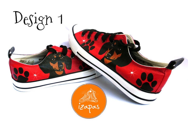 Dachshund Painted Sneakers, personalized dog canvas shoes, smooth haired, doxie, custom converse, dog shoes, low top trainers, pet portrait image 1