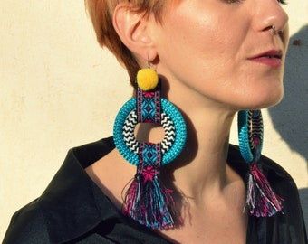 Blue Tribal Peruvian Big Circle hook earrings, Rope Statement Earrings, Bohemian, Ethnic colorful handmade jewelry, funky