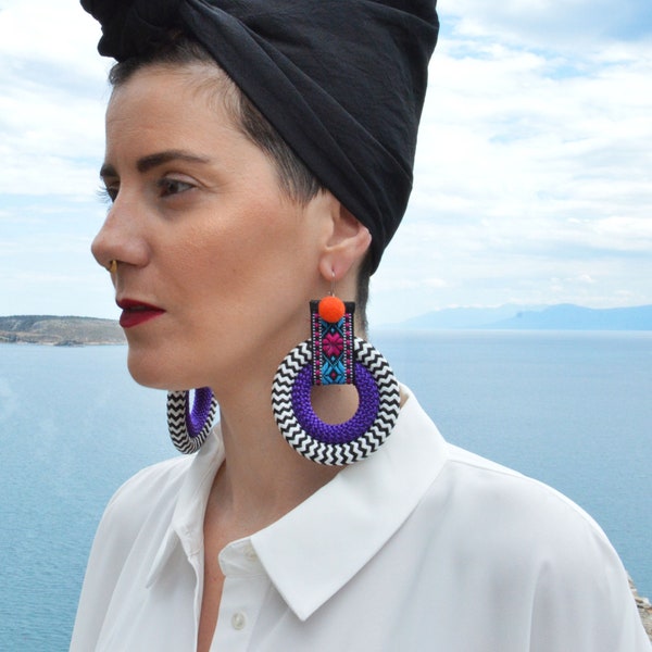 Tribal Peruvian Big Circle hook earrings, Rope Statement Earrings, Bohemian, Ethnic bold colorful handmade jewelry