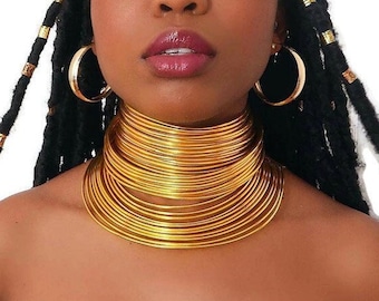 African Queen Full Neck Tribal Collars Set Choker Coil Wedding Collar Traditional Nedbele Warrior Cuff Necklace Set Bold Metallic