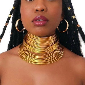 African Queen, Full Neck Tribal Collars Set, Choker Coil, Wedding Collar, Traditional Nedbele, Warrior Cuff Necklace Set, Bold, Metallic