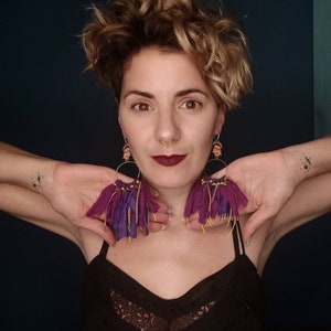 Frida Boho Tassel Earrings: Handmade Silk Sari, Purple Statement Jewelry