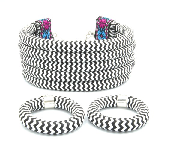 NYX African Tribal Choker and Earrings Black & White Rope Statement Set Boho Chic