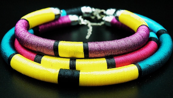 Tropicana Tribal Neckrings: Colorful Silk Wrapped Choker Set
