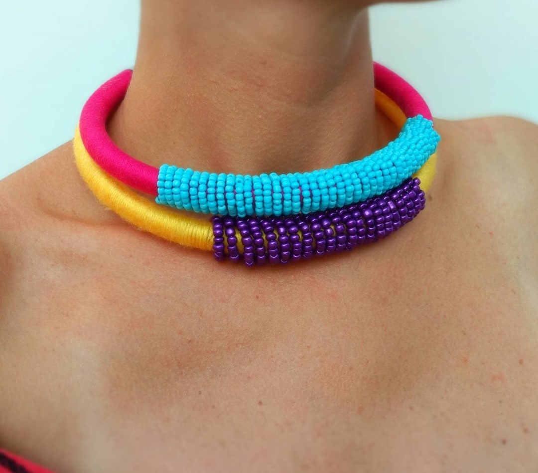 African Coil Choker Bib Necklace Collar Choose Colors, Bead Details