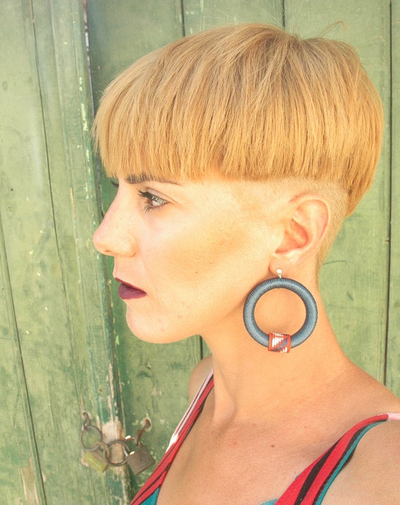 Handmade Blue Yarn Wrapped Hoop Earrings: Tribal Boho Jewelry