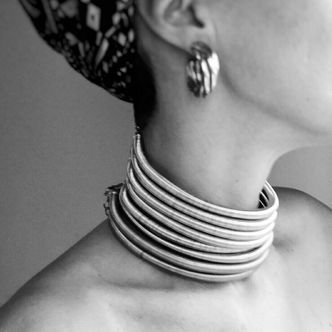 Silver Tribal African Metallic Coil Choker, Traditional Wire Wrapped