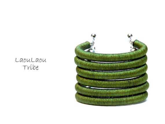 Handmade Green Silk Wrapped Cuff Bracelet: Tribal African Bangle