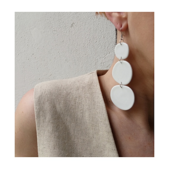 White Pebble Polymer Clay Earrings: Long Minimalist Steel Jewelry