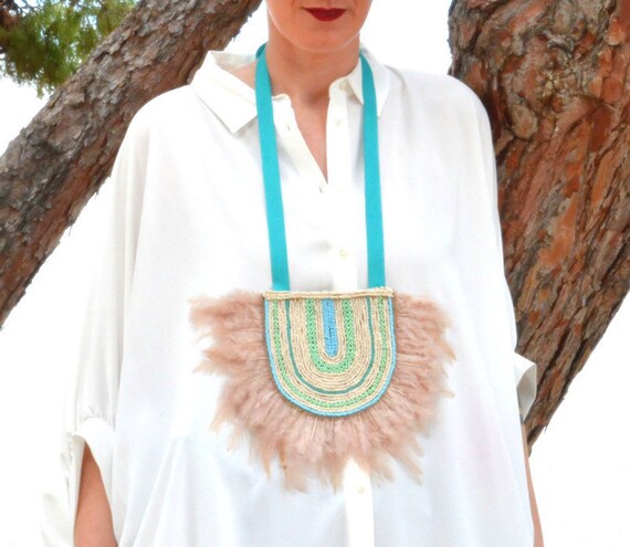 EKAVI Feather Statement Necklace Beaded, Tribal Boho Jewelry