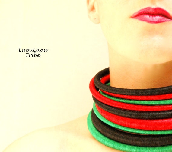 Handmade Pan African Bib Necklace: Tribal Coil Choker, Green Red Black