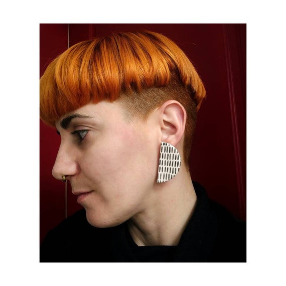 Handmade Clay Statement Studs: Black Print, Hypoallergenic Steel