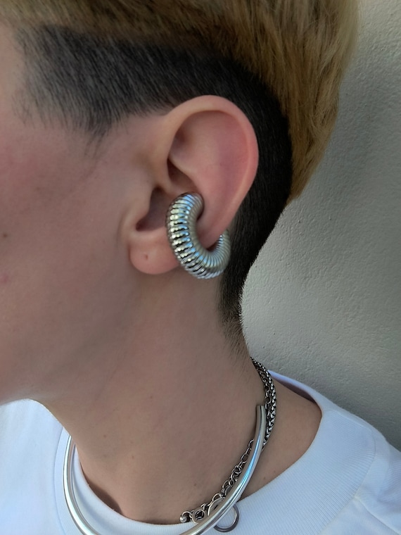 Chunky textured ear cuff, earrings without piercing, stainless steel