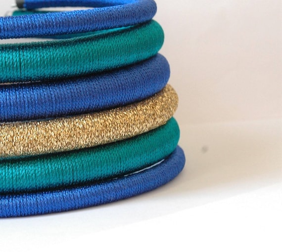 SYROS African Tribal Silk Choker Set: Blue & Gold Neckrings