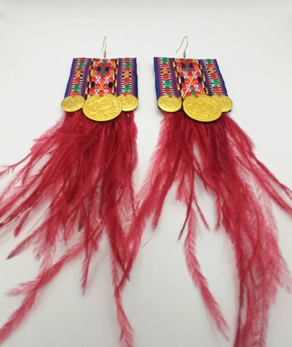 Colorful Boho Long Totem Feather Earrings, Ethnic, statement earrings