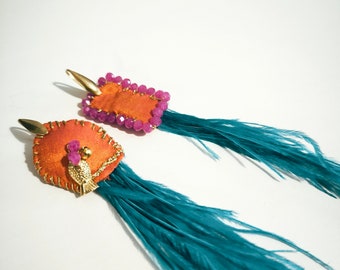 Keepsake Ethnic long earrings, feathers and silk