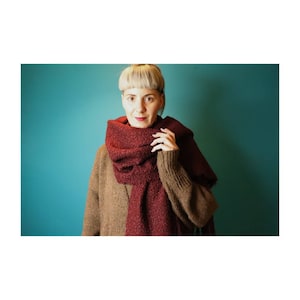 Burgundy Red Large over-sized wrap-around scarf with fringe ending, Chunky scarf, wool shawl wrap, winter, warm and comfy, over-coat garment