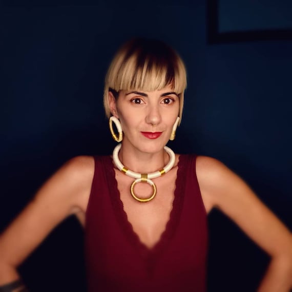 LEFKI White & Gold Silk Bib Necklace and Earrings: Bohemian African Choker Set