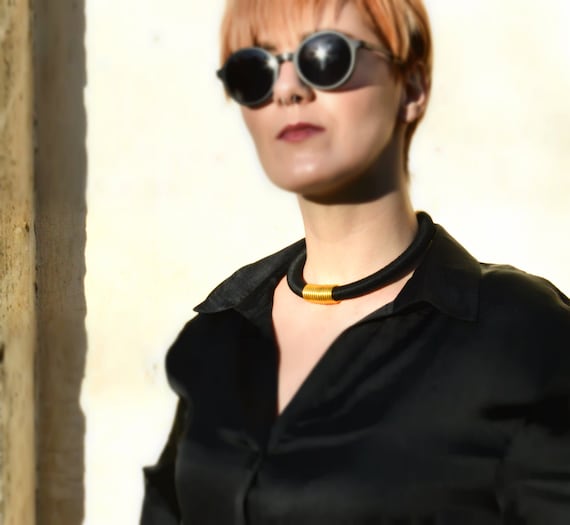 HECATE Handmade African Coil Choker Black Silk and Gold Spiral Bib Collar Adjustable