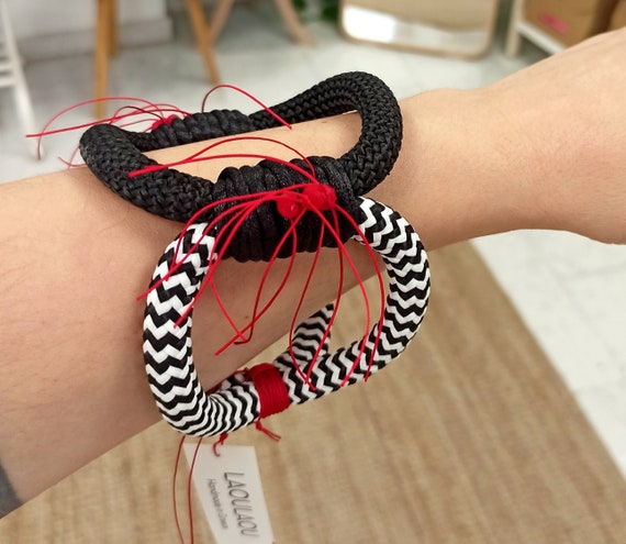 Black and white soft cuff, red details, poppies inspired, statement cuff