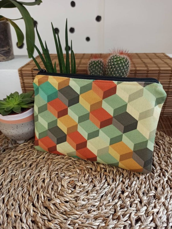 3D cubes colorful pattern wristlet handbag and pouch, cotton handbag