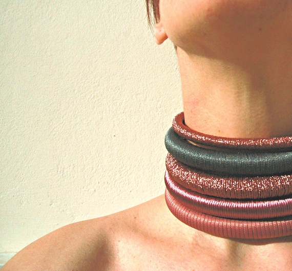 LENA Silk Wrapped African Choker Set Handmade Tribal Coil Neck Rings