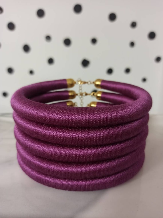 Purple Silk Coil Necklace: African Tribal Choker, Statement Collar