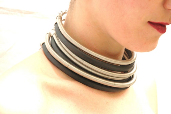 Handmade Tribal Choker: Silver & Black Wire Wrapped Rubber Collar