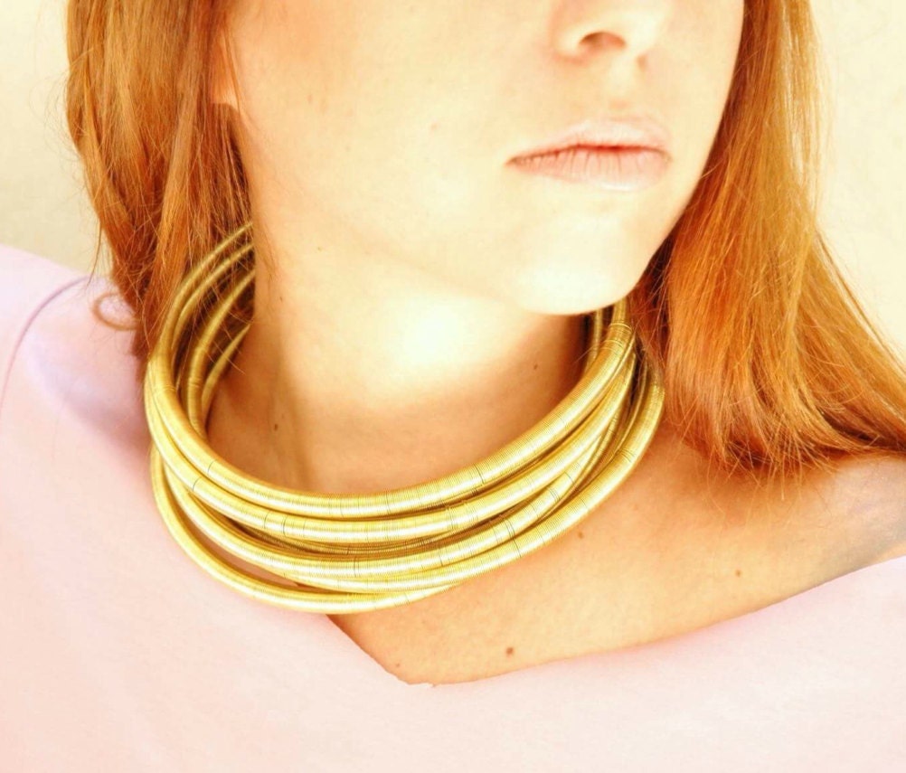 Gold African Metallic Tribal Choker Coil Necklace Wire Etsy Canada