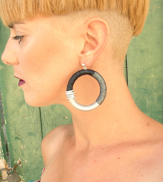 Tribal African Hoop earrings,Grey and black,spiral detail, boho, ethnic, gypsy, wrapped, handmade jewelry, silk, funky